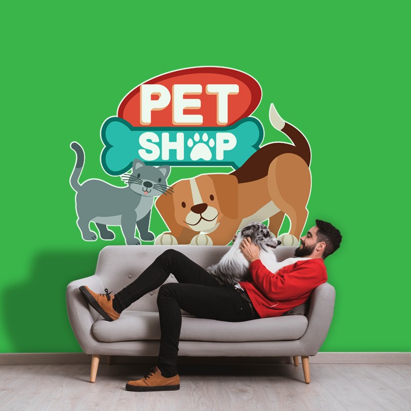 Αυτοκόλλητο Τοίχου - Pet Shop Χαριτωμένο Σκυλί και Γάτα